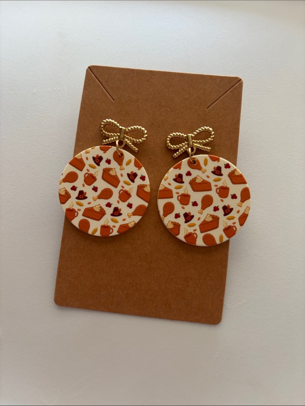 Fashion Jewelry Gold Bow Autumn Print Round Drop Earrings